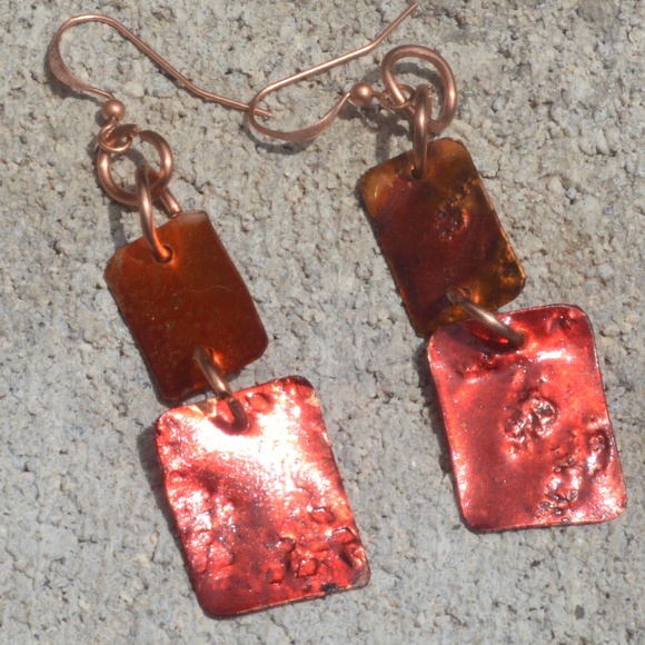 Modernist Minimalist Red Orange Pure Copper Earrings Brutalist Rustic Drop Gift - Picture 2 of 5